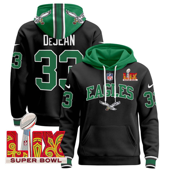 Men's Philadelphia Eagles #33 Cooper DeJean Black 2025 Super Bowl LIX Patch Pullover Stitched Hoodie